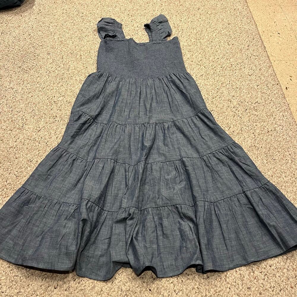 Lands End Smocked Chambray Midi Dress M Cottagecore Casual Ruffle Coquette